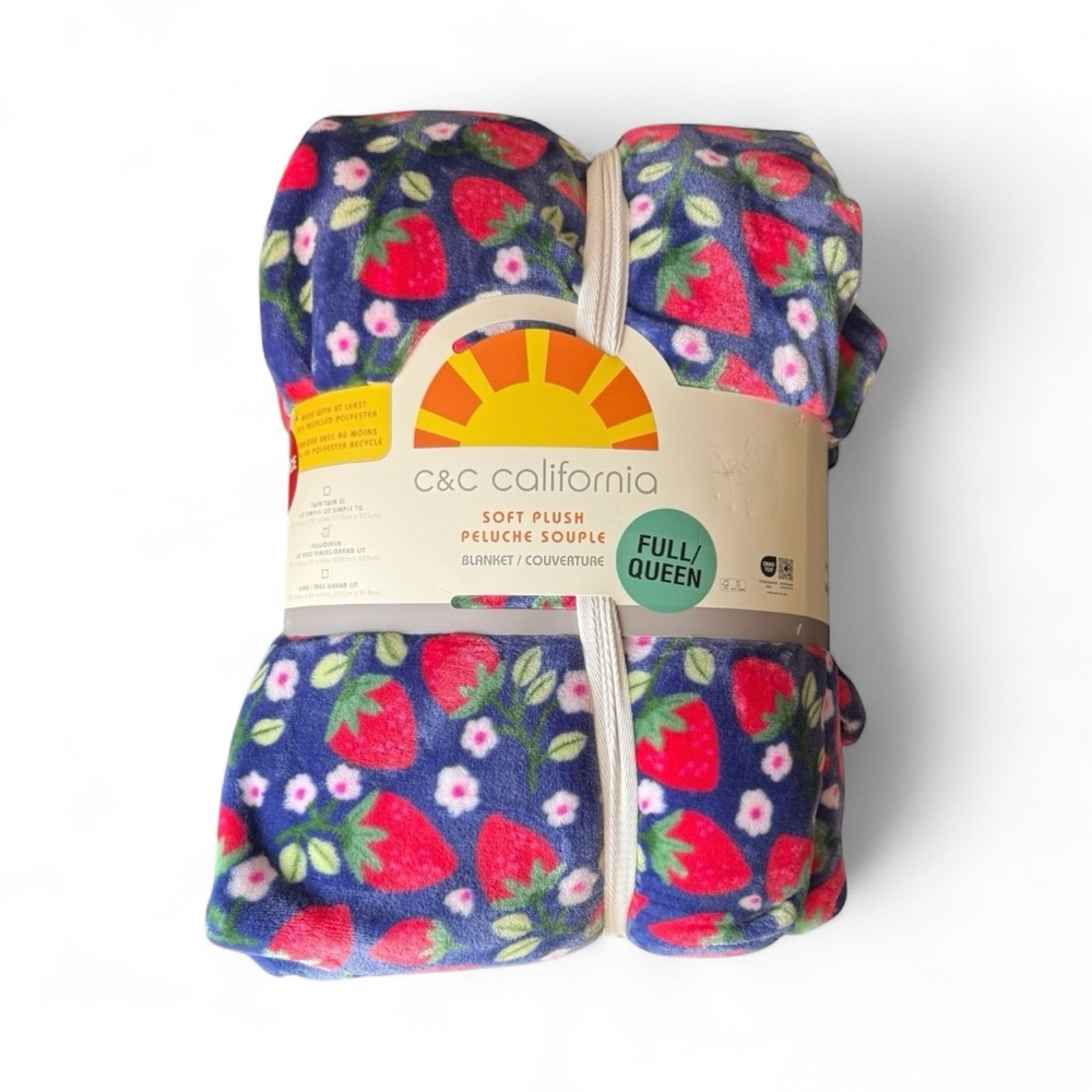 C&C California Plush Blanket - Blue with Red and Pink Strawberry Design
